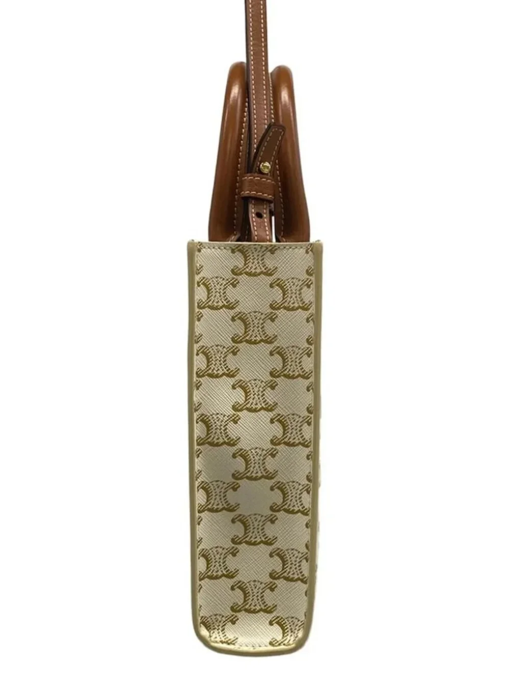 CELINE Mini Vertical Cabas Cream Brown Triomphe Canvas Calf Skin Tote Bag